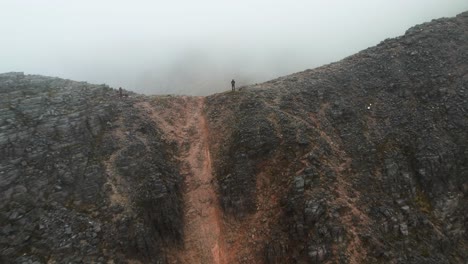 Aerial-Dolly-Zurück-Vom-Drohnenbetreiber,-Der-Auf-Dem-Bergrücken-Von-Beinn-Eighe-Steht,-Um-Die-Atemberaubende-Schottische-Landschaft-Zu-Enthüllen