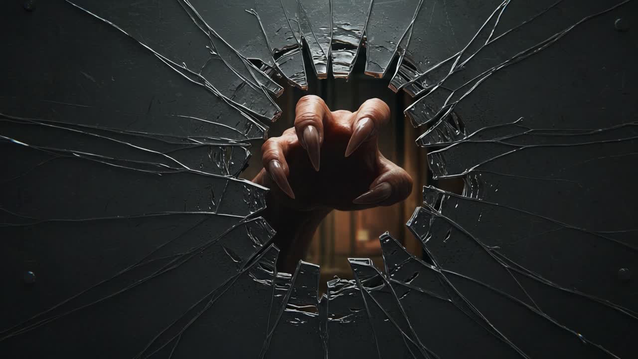A tense moment is captured as a clawed hand reaches through a shattered glass barrier, hinting at an impending encounter with the unknown lurking beyond