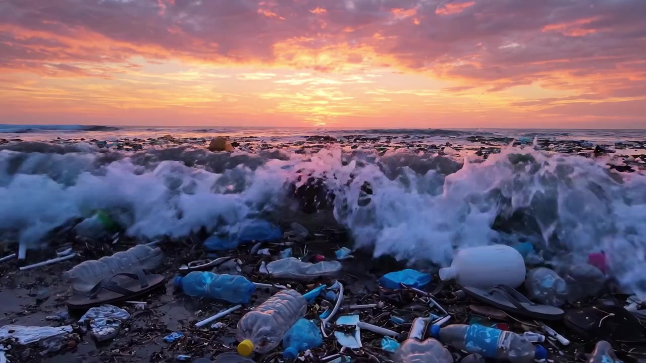 A Stunning Sunset Over a Polluted Beach Scatter with Trash and Plastic Waste, Highlighting the Detrimental Impact of Pollution on Natural Beauty and Ecosystems