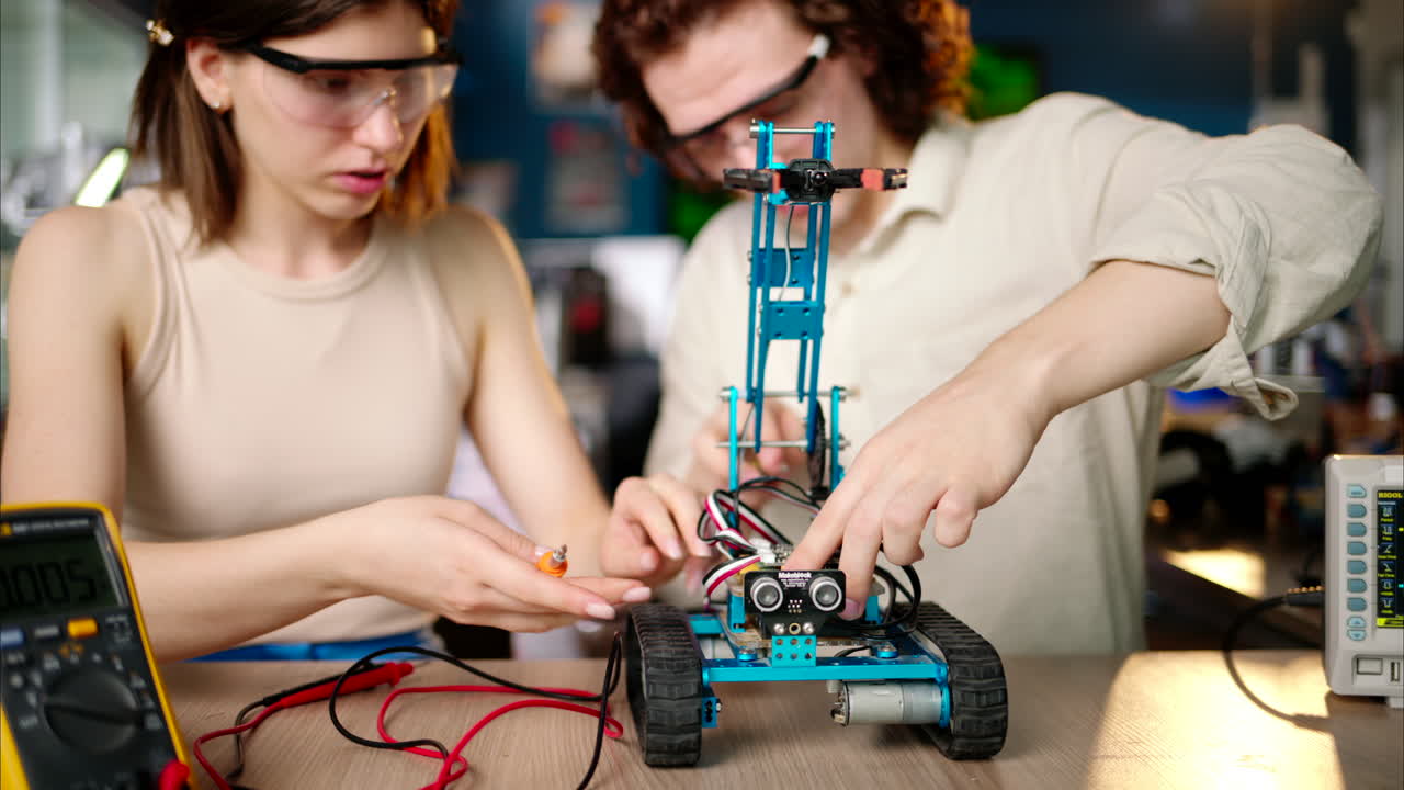 Two young happy engineers fixing a mechanical robot car in the workshop, using VR virtual reality headsets, computer programming