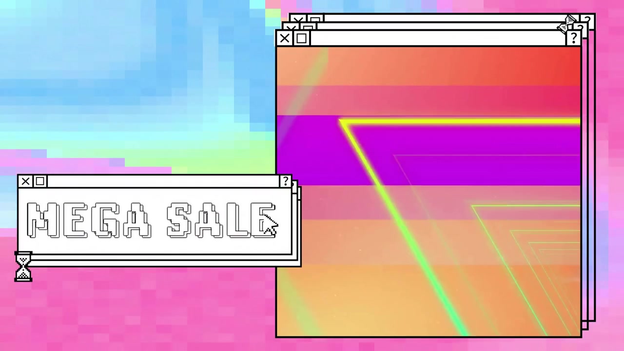 Animation of mega sale text over computer screens and vibrant background