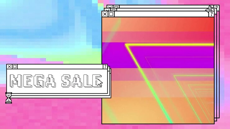Animation of mega sale text over computer screens and vibrant background