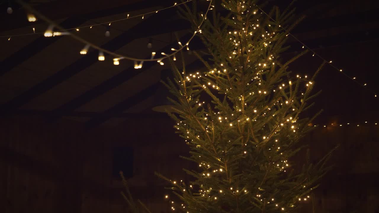 pov caminando alrededor de un árbol de navidad con luces blancas en un cuarto oscuro