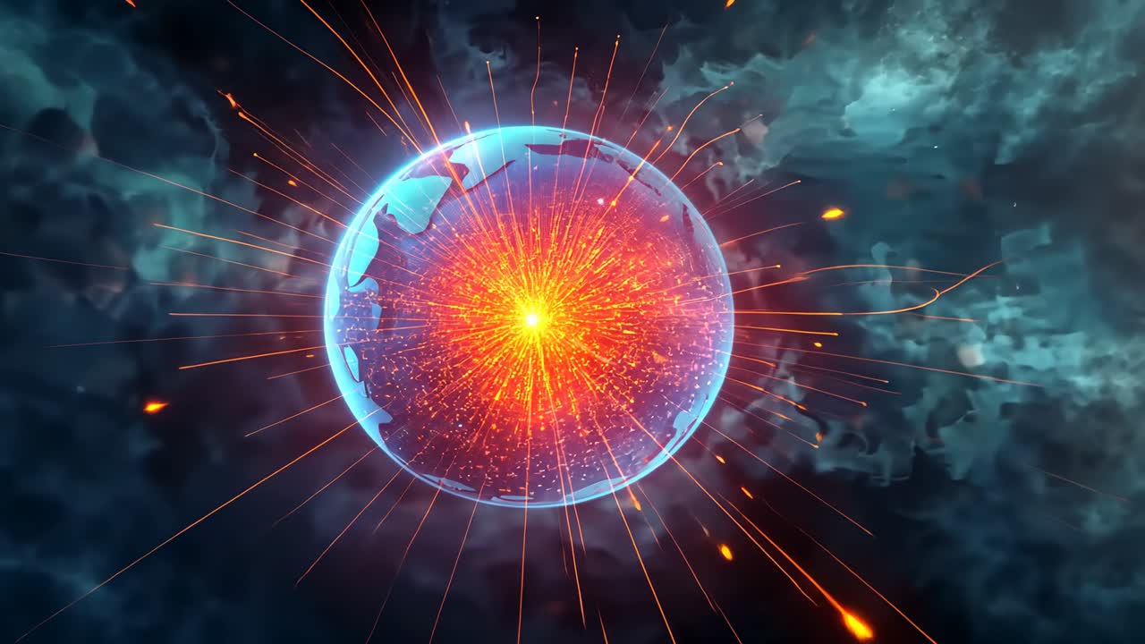 As core intensifying, globe rotating in cosmic nebula, emitting particle trails and drifting embers