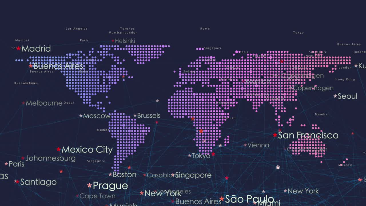 Digital world map with highlighted cities, showcasing global connections