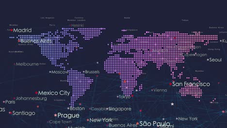 digital world map with highlighted cities, showcasing global connections