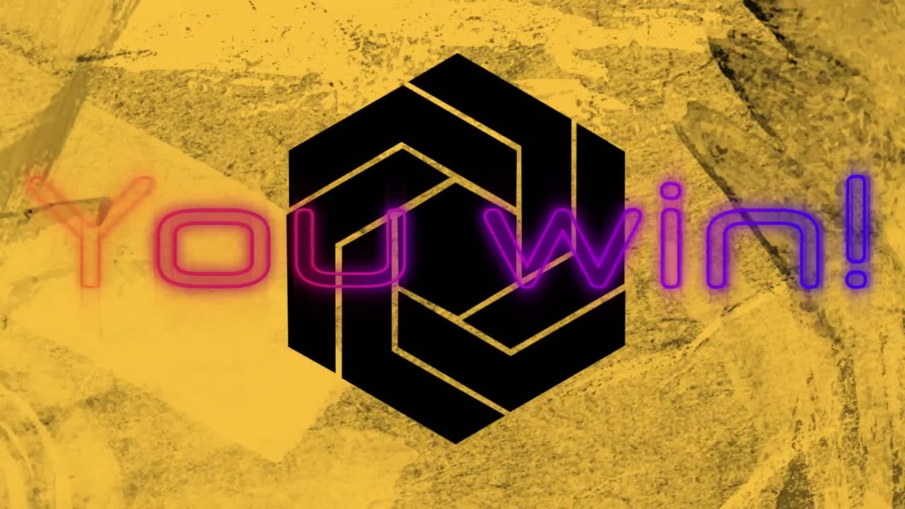 Animazione del testo 'you win' al neon colorato e di un esagono ritagliato in carta gialla sporca, su sfondo nero