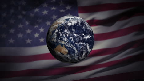 animation of globe over flag of united states of america background
