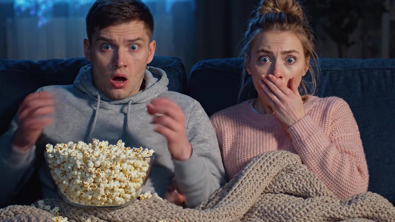 En nervøs dateaften: Et pars intense reaktion, mens de ser en spændende film sammen, fanget i to billeder af deres angst og forventning