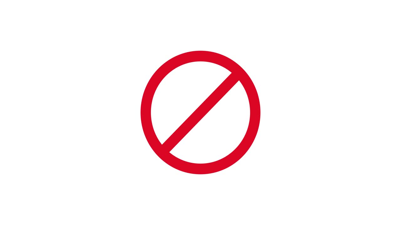 animación de símbolo de parada. círculo de restricción en rojo. no hay forma de video en 4k. icono de advertencia rebotante. fondo editable.