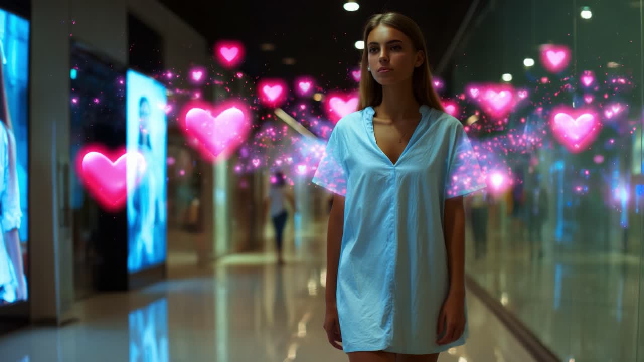 A young woman walks through a modern shopping mall adorned with vibrant digital displays while ethereal pink hearts float around her, creating a whimsical atmosphere that captures the essence of youthful charm and vibrancy