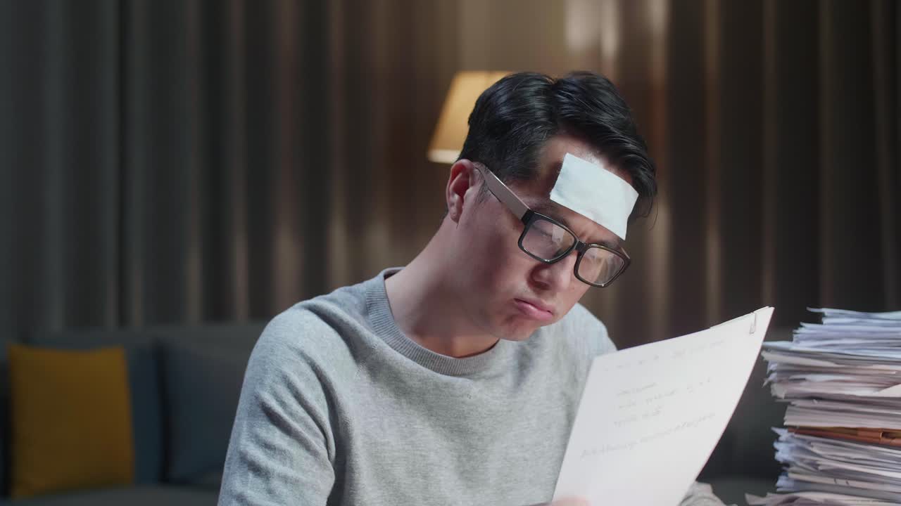 아픈 아시아 남자의 근접 촬영은 집에서 문서와 함께 열심히 일하는 동안 시도