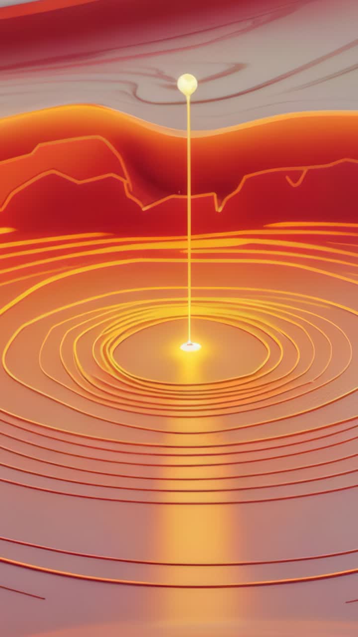 Vertical video: Emanating narrow golden beam rising across terraces at center, illuminating ripples