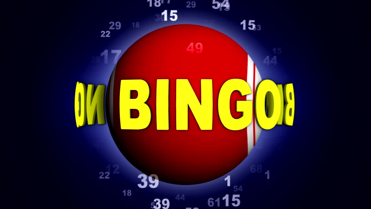 빙고 공을 둘러싼 빙고 텍스트 애니메이션, 렌더링, 배경, 루프