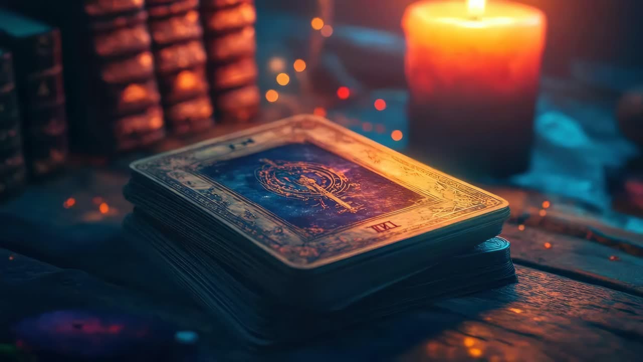 Moody video scene of tarot cards on a wooden table, lit by candlelight
