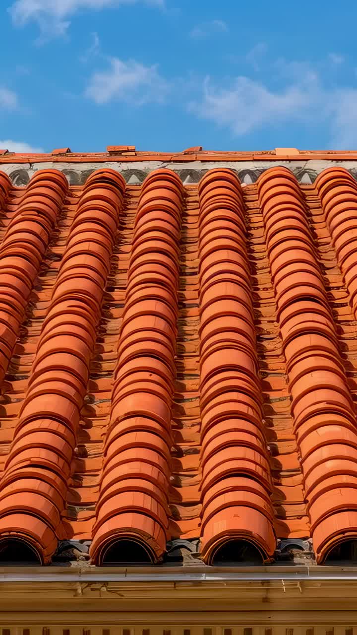 Vertical video: Tilting camera revealing terracotta tiles on pitched roof showing ridge and gutter