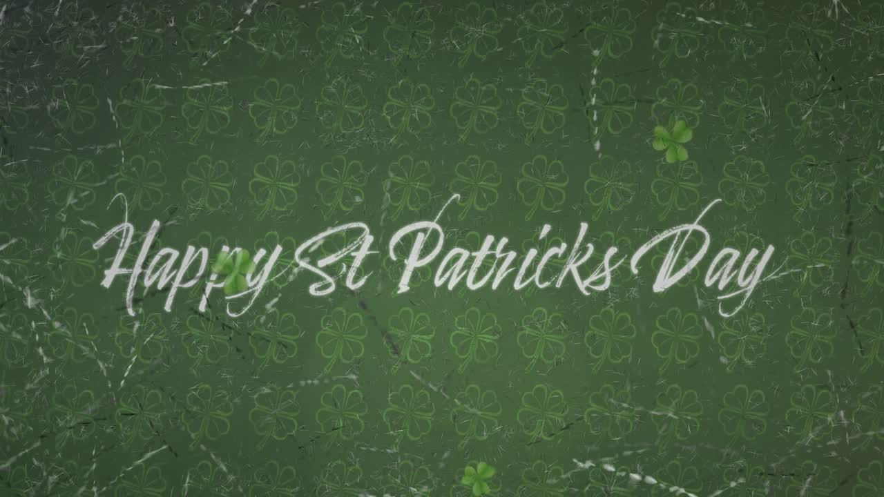 녹색 배경에 행복한 세인트 패트릭스 데이 텍스트 위에 클로버 아이콘의 애니메이션.