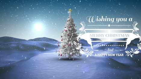 Animation-of-christmas-greetings-over-winter-landscape-background-with-christmas-tree