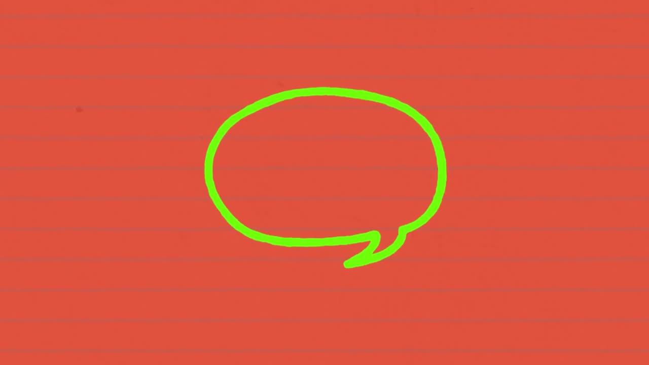Animation of green outlined speech bubble chat message icon hand drawn with a marker on red paper