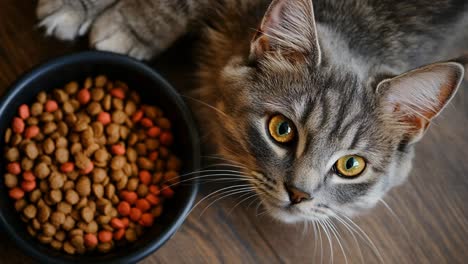 gray cat looking at food bowl