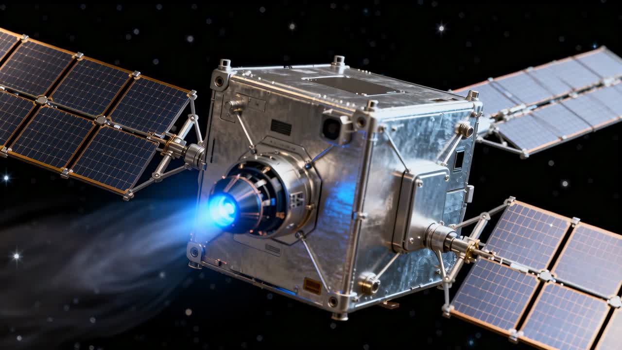 Spacecraft on command firing engine for orbit raise, rotating panels while trailing blue plume