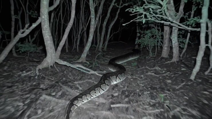 Grande píton deslizando por uma floresta escura à noite