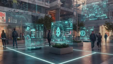 futuristic urban scene showcasing advanced digital displays of cryptocurrency data and financial technology in a modern city environment