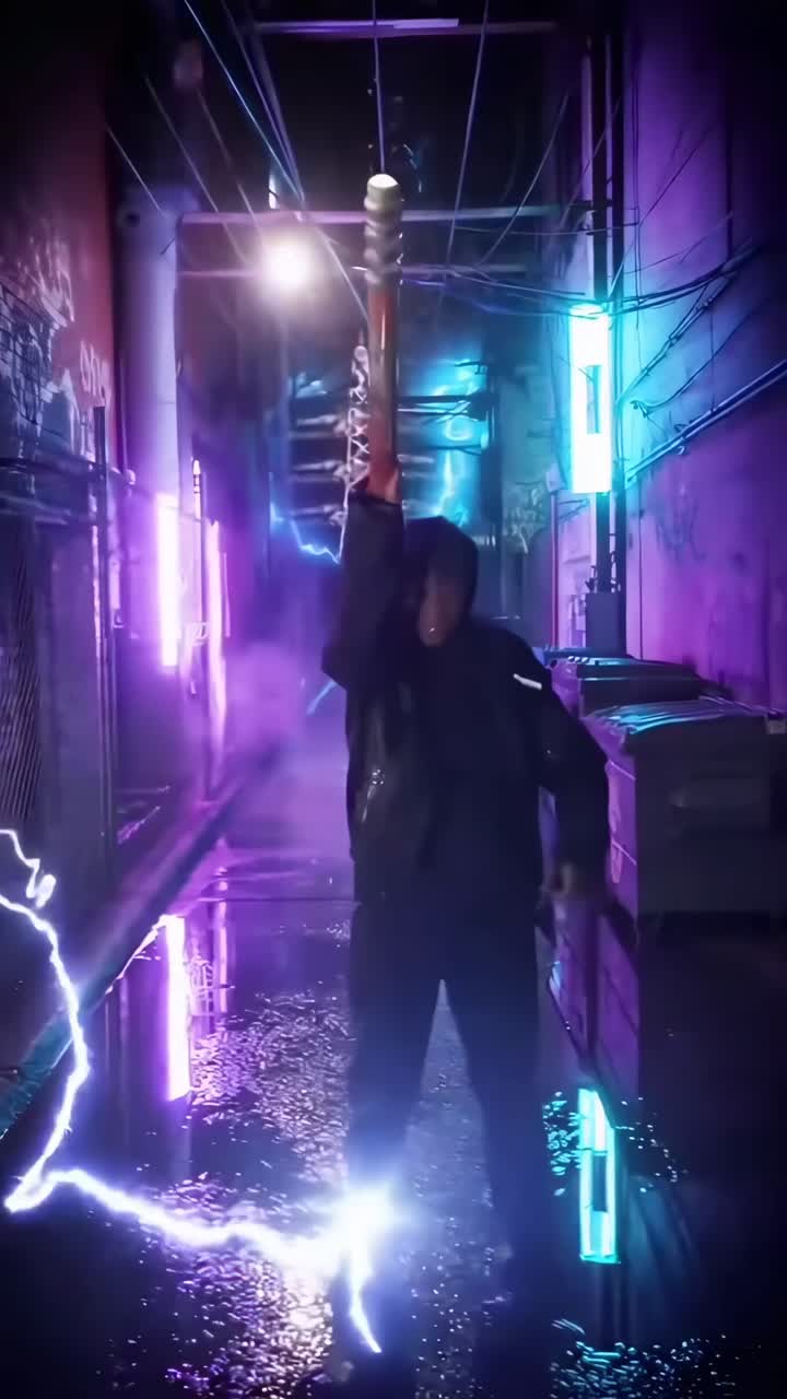 Un vicolo illuminato al neon di notte con una persona che cammina, ripreso da un'angolazione bassa, evoca un'atmosfera cyberpunk