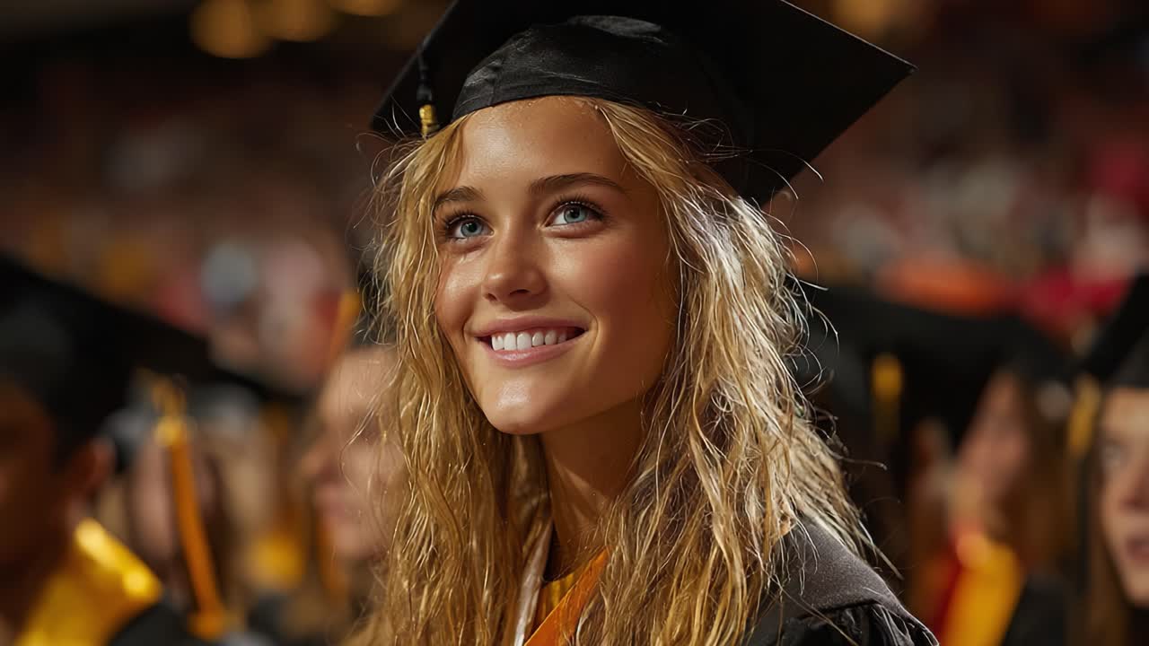 Un/una laureato/a gioioso/a con toga e cappello che festeggia un traguardo importante con un sorriso orgoglioso e occhi determinati tra altri laureati durante una cerimonia di laurea