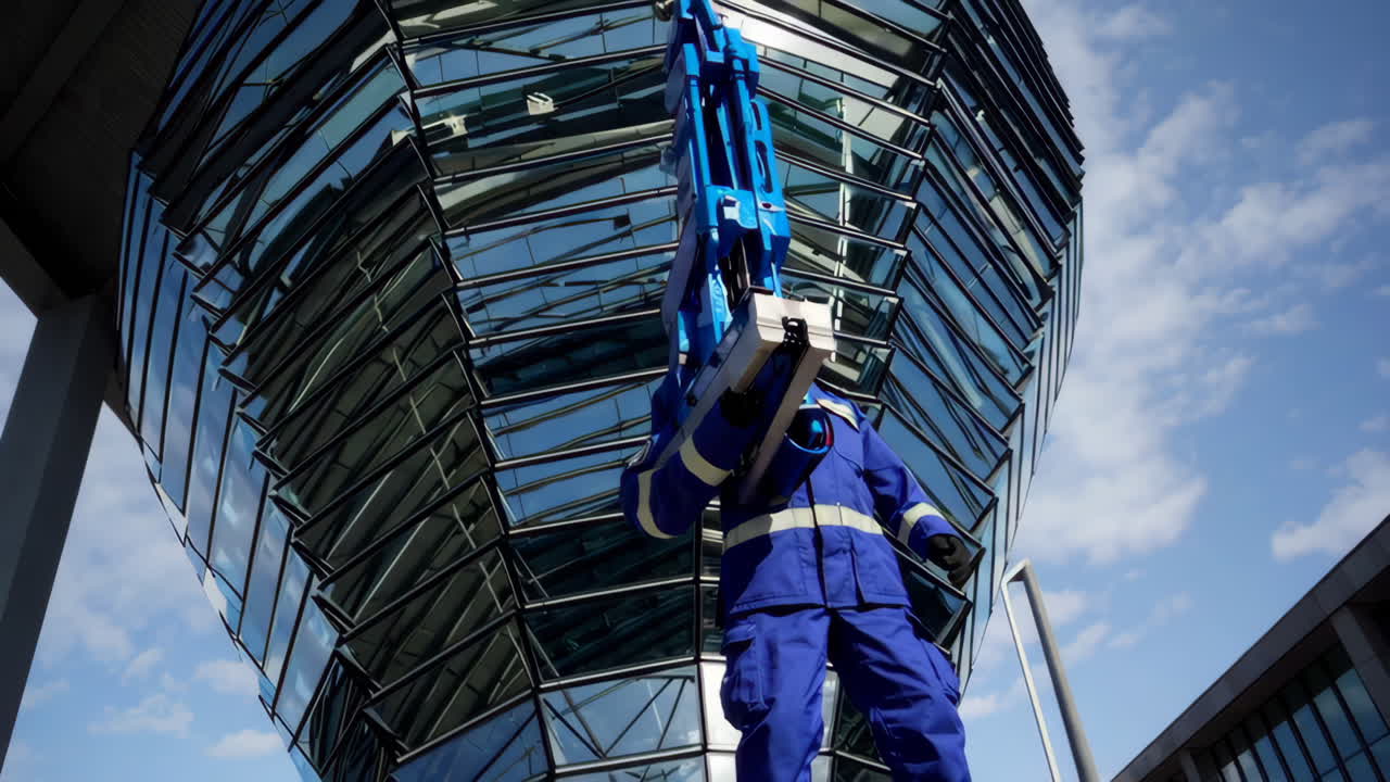 Maintenance Worker Operating Lifting Equipment at a Modern Building