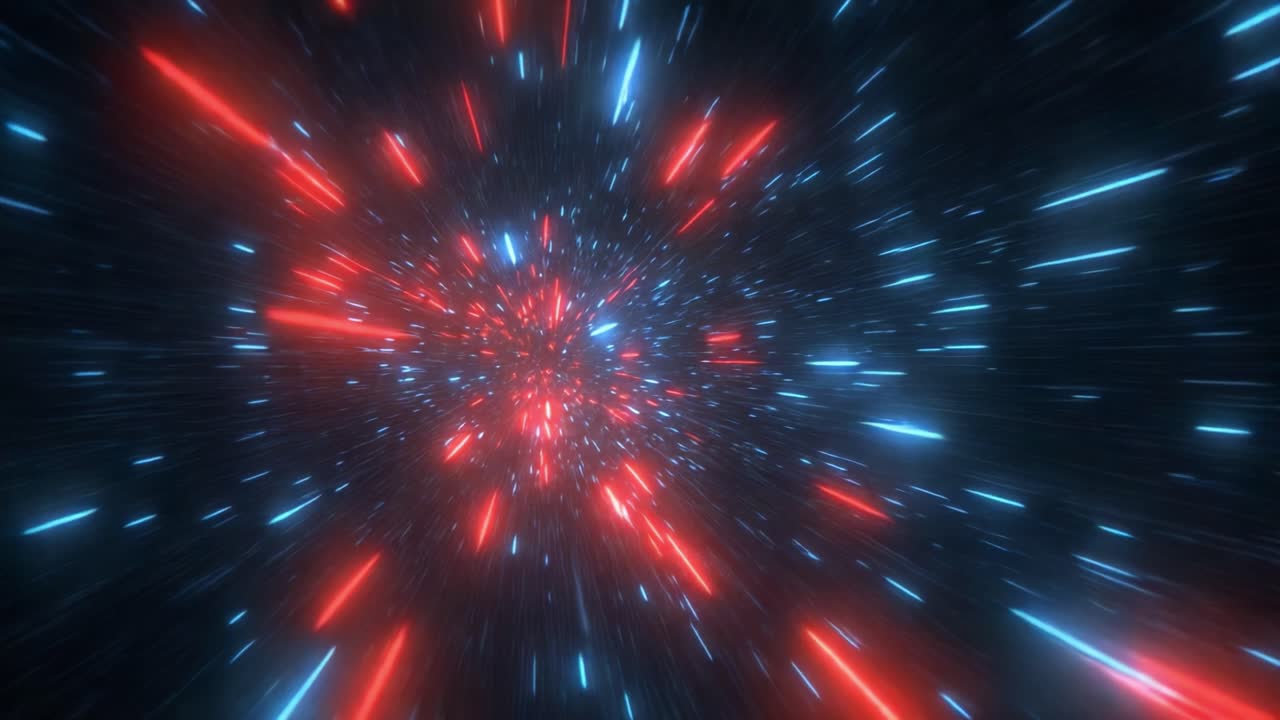 Una dinamica immagine astratta di scie di luce rosse e blu che trasmettono movimento ed energia in un ambiente spaziale cosmico, creando uno straordinario spettacolo di colore e movimento.