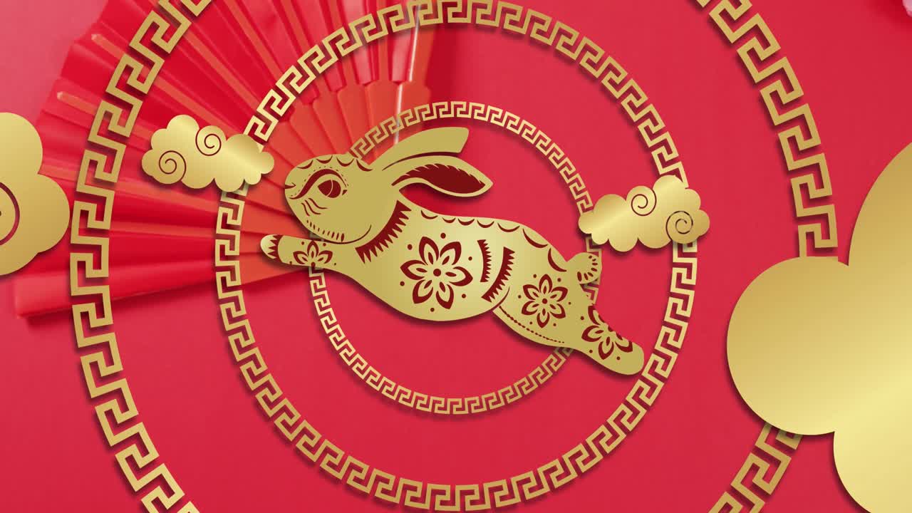animación de decoraciones tradicionales chinas con conejo en fondo rojo.