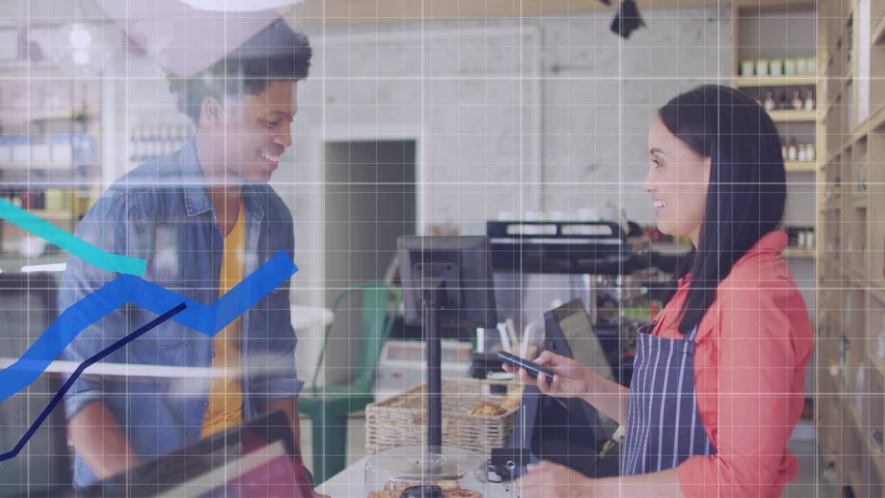 다양한 상점 보조자와 고객 쇼핑에 대한 데이터 처리 애니메이션