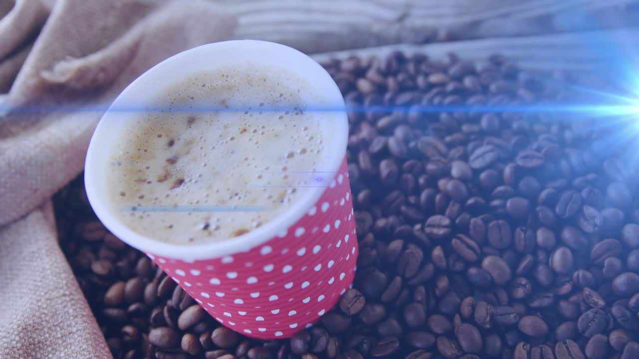 Lens flare and glitch blocks appearing on dotted cup pulsing glow showing coffee