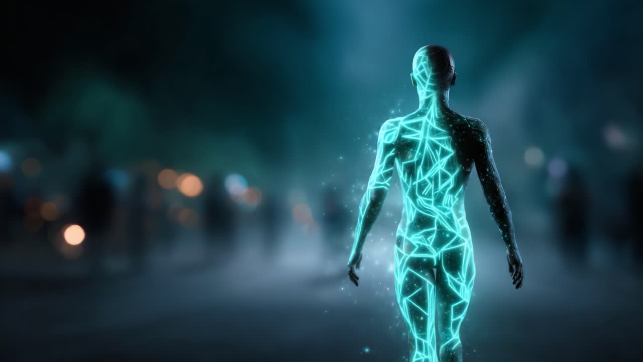 A mesmerizing transformation sequence depicting a luminescent figure shifting from a sparkling form to a geometric outline against a blurred background of silhouettes