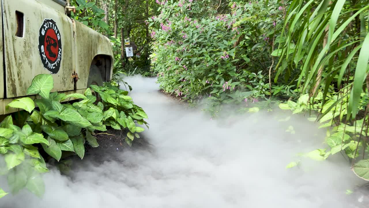 Dense artificial fog spreads along lush jungle path beside themed vehicle, daylight, static camera