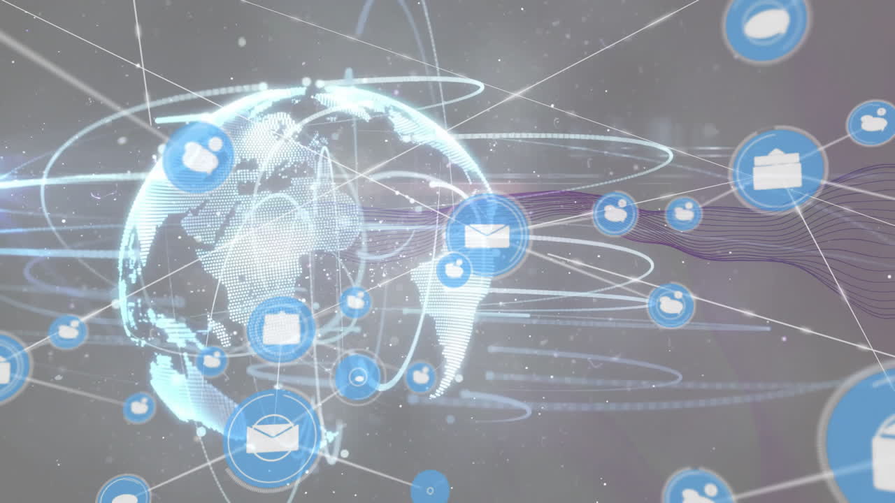 검은 바탕에 전 세계에 있는 아이콘으로 연결된 네트워크의 애니메이션