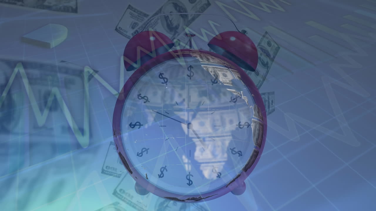 Animación de globo formado por billetes de dólar americano girando dentro de un despertador retro