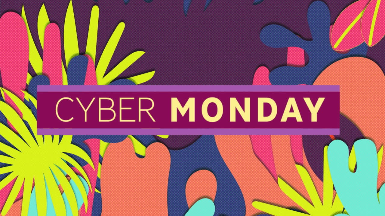 animación del banner de texto de cyber monday contra el patrón de diseño floral en un patrón sin costuras
