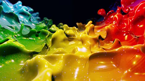 smooth abstract animation of liquid gradient rainbow color in 4k. bright glossy paint surface as abstract looped festive background. glitters on viscous liquid with 3d splashes on surface like drops.