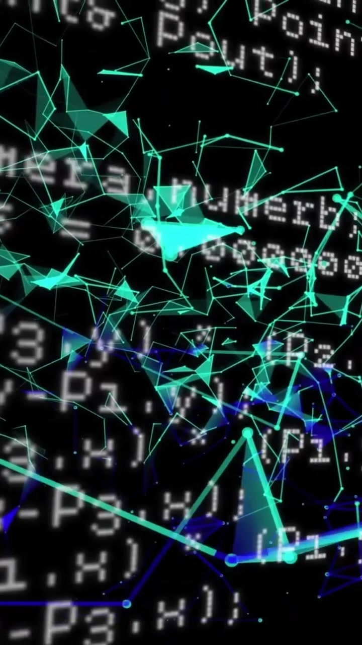 Animation of data processing over blue abstract shapes on black background