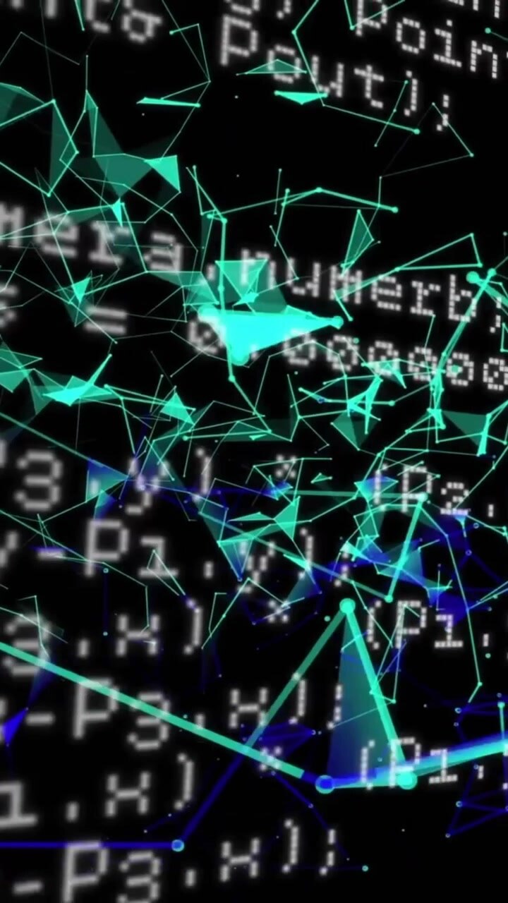 Animation of data processing over blue abstract shapes on black background