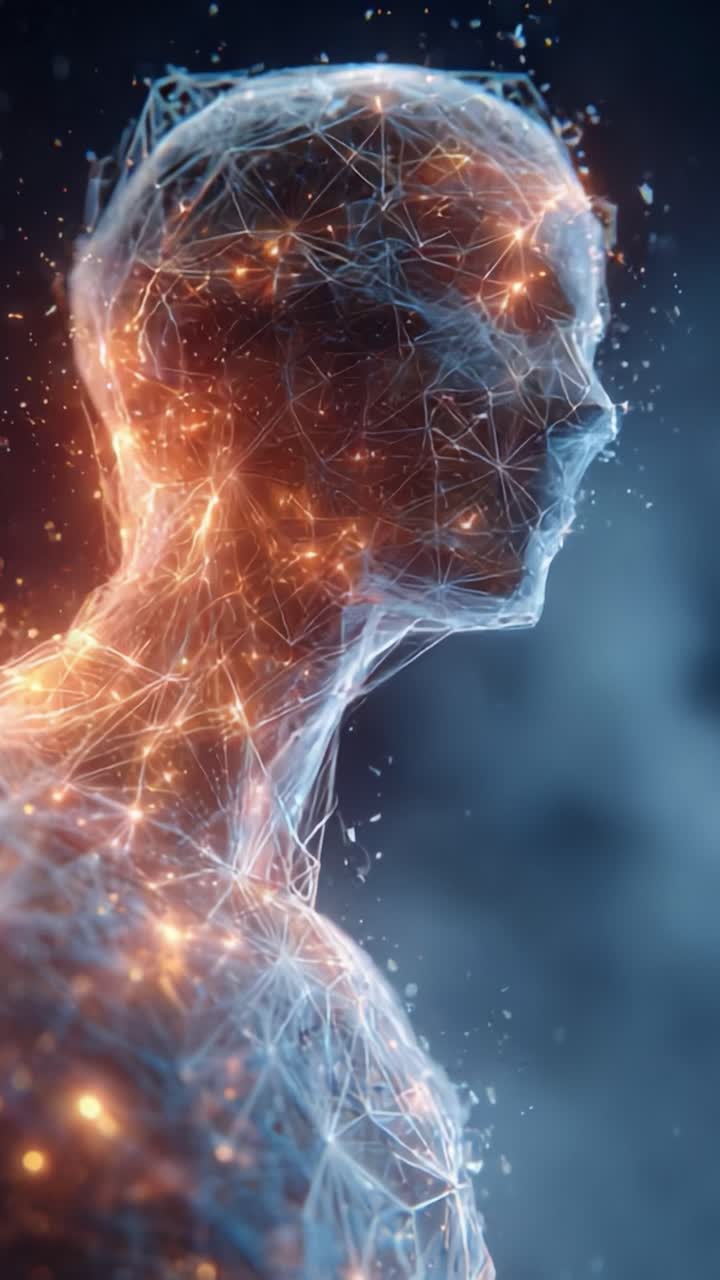 Una impresionante visualización de una figura con apariencia humana compuesta por líneas y partículas brillantes, que representa la intersección de la tecnología y la humanidad en la era digital.