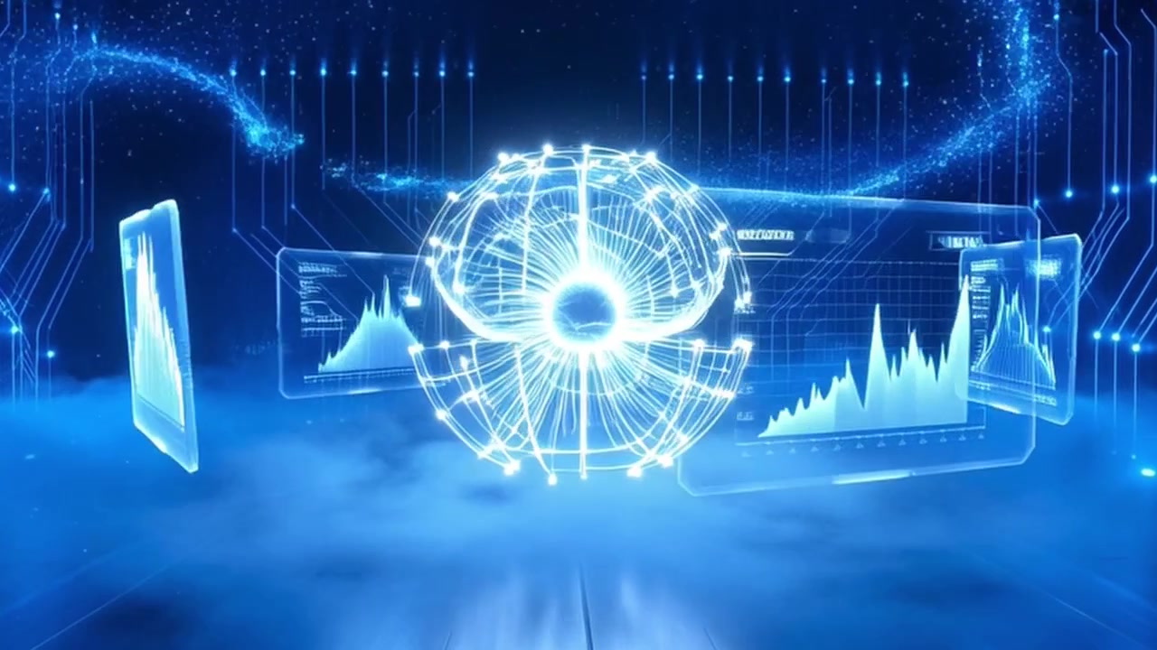 Futuristic Digital Data Visualization with Glowing Sphere and Circuitry Background