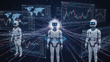 advanced robotics and data visualization: a stunning display of ai integration with financial analytics in a futuristic digital environment