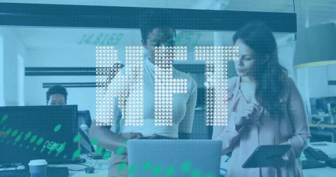 Animation of data processing over diverse business people using computer