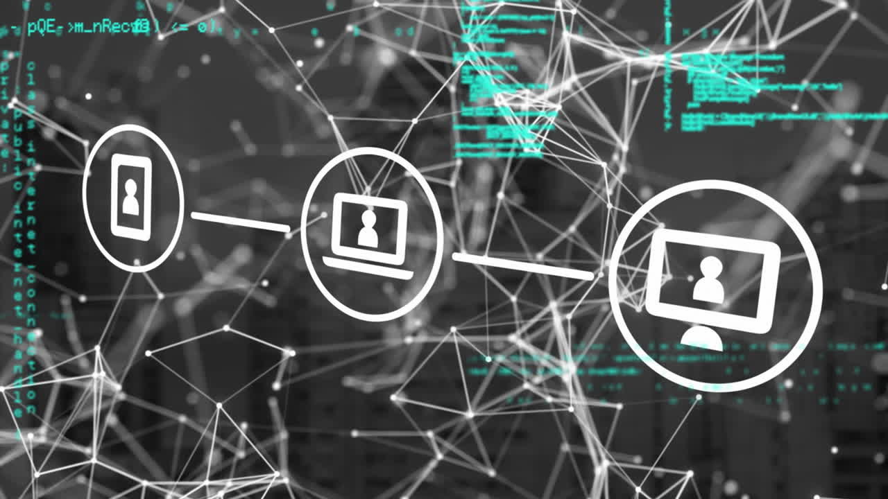 animación de iconos conectados sobre puntos conectados y lenguaje de computadora sobre fondo negro