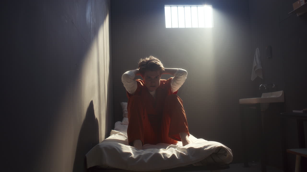 Female Inmate Performing Sit-Ups on Prison Bed