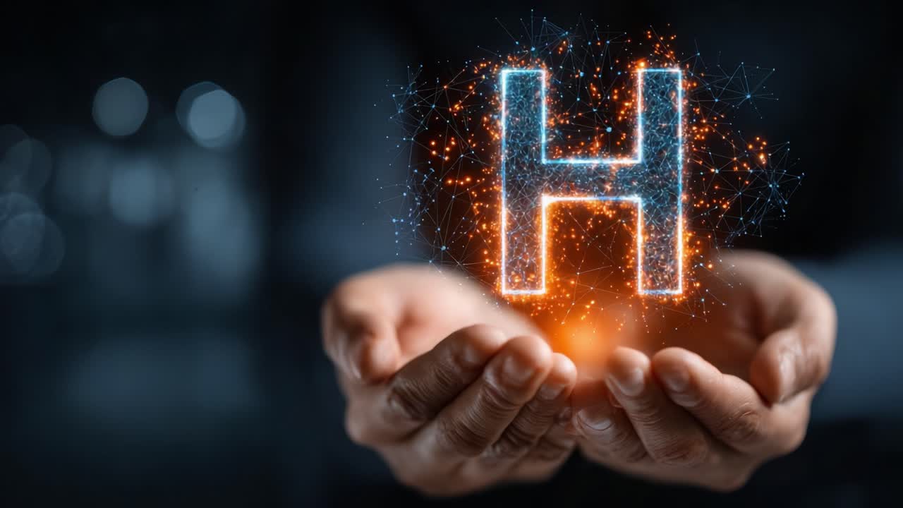 A Glowing Representation of the Letter 'H' Encased in Hands, Symbolizing Innovation, Technology, and Digital Connection in a Dark Background