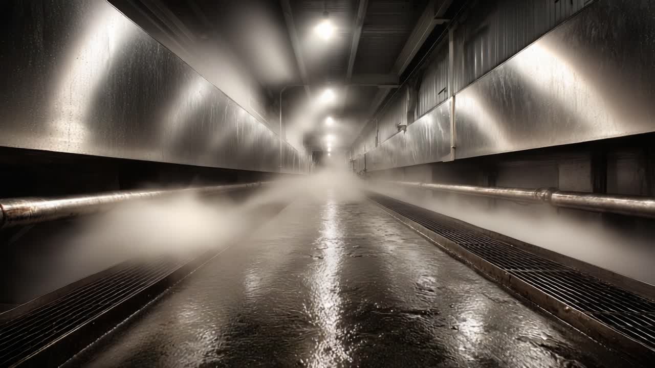 Mysterious Industrial Corridor Shrouded in Steam, Illuminated by Soft Lighting, Creating an Atmospheric Scene with Reflective Surfaces and Depth